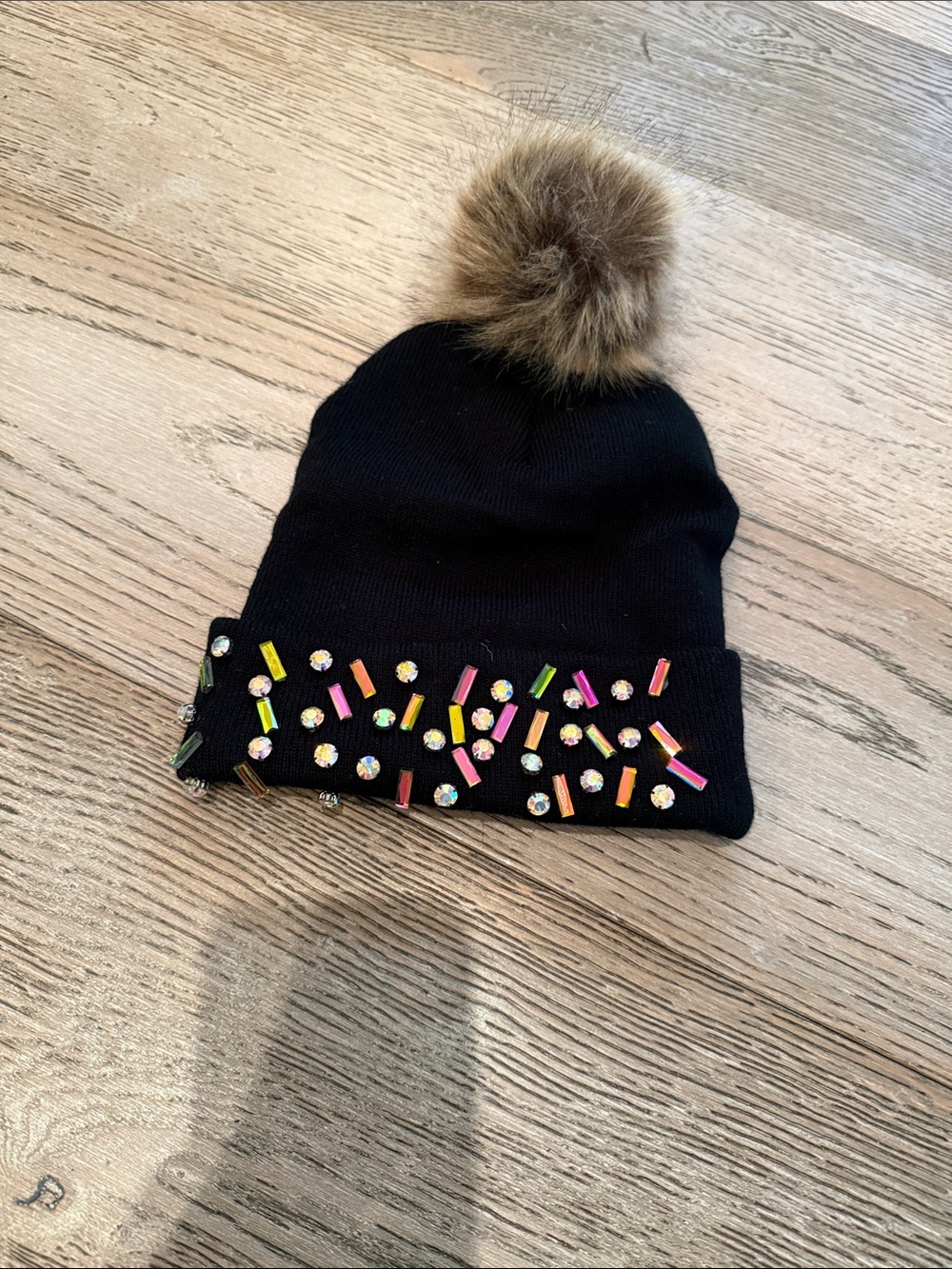 Black Knit Beanie with Faux-Fur Pom and Multicolor Gem Accents